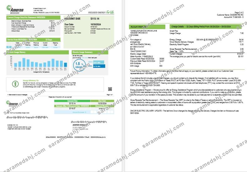 USA Ameren Missouri electricity business utility bill template in Word and PDF formats (2 pages)